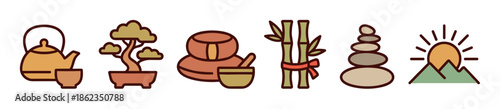 Six Asian culture and relaxation icons featuring a teapot, bonsai, mortar and pestle, bamboo, balancing stones, and mountain sunrise in a minimalist line art illustration