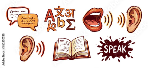 Set of hand-drawn communication icons representing language, learning, and dialogue, featuring sketchy speech bubbles, international letters, a speaking mouth, a listening ear, and an open book