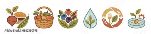 Collection of six sustainable food icons showing plant-based meals, fresh produce, water conservation, and agricultural biotechnology in a stylized, flat design