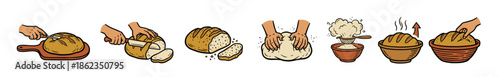 Bread making process illustrations showing steps like kneading dough, sifting flour, scoring, and slicing a fresh loaf in a hand-drawn, colorful cartoon doodle style collection