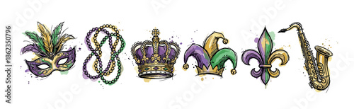 Collection of colorful Mardi Gras icons featuring a feathered mask, beads, crown, jester hat, fleur-de-lis, and saxophone in a hand-drawn watercolor and ink sketch illustration