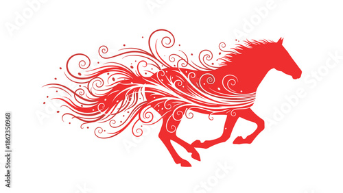 Stylized Red Horse Illustration with Swirling Mane and Tail.