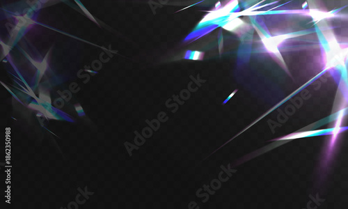 Abstract prismatic light flares with holographic reflections on transparent dark background
