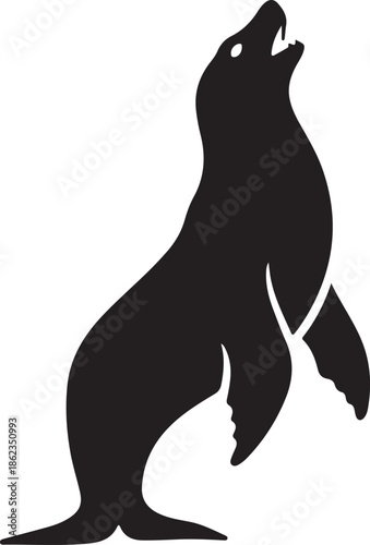 A majestic sea lion silhouette standing upright with an open mouth, barking or roaring