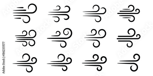 Wind icon set vector silhouette on white background, collection of air flow, breeze, and gust symbols, weather illustration, renewable energy concept, and high ranking design resource.