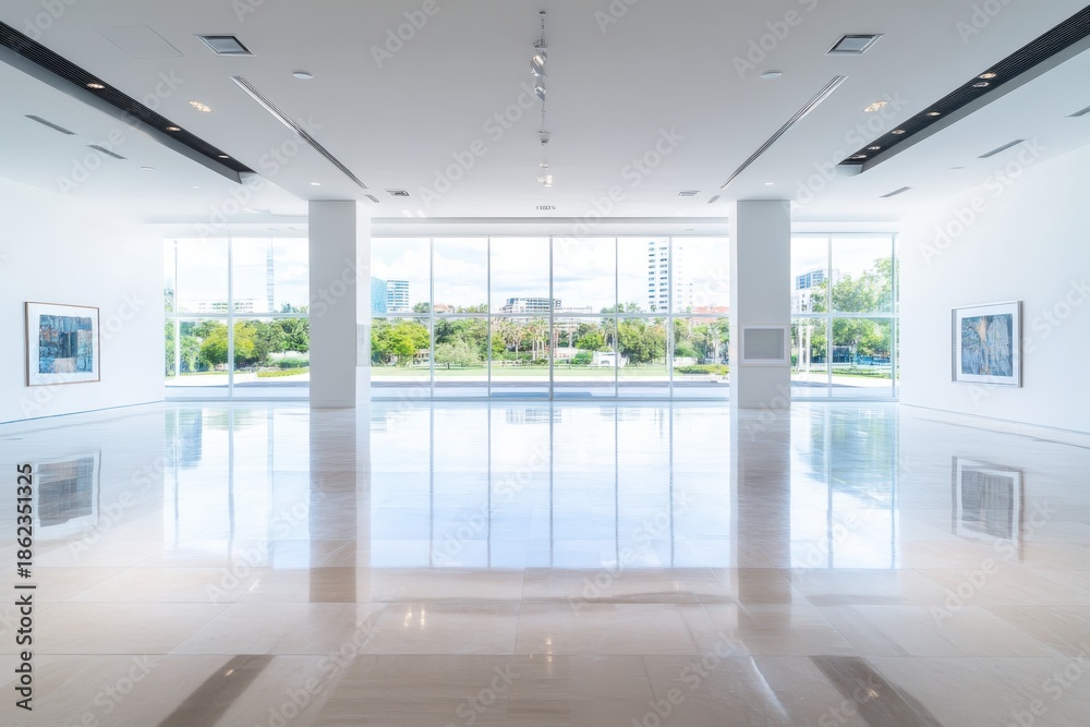 Obraz premium Bright, modern art gallery interior with polished marble floors, large windows showcasing a green outdoor landscape, and minimalist white walls displaying artwork.