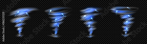 Set of realistic tornado storm. 3D vector templates of hurricane, tornado, air vortex funnel with lightning, whirlwind vortex isolated on checkered background. Transparent tornado storm collection.