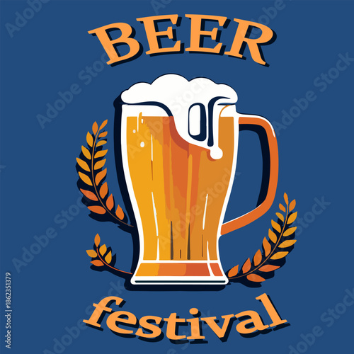 A large mug of foamy beer with text in a thematic banner.Vector illustration with beer mug and text on a colored background. Suitable for advertising, flyers, menus, stickers.