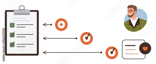 Clipboard with checklist, arrows pointing to targets with checkmarks, avatar icon, and feedback card. Ideal for productivity, workflow, organization, project planning, feedback team management