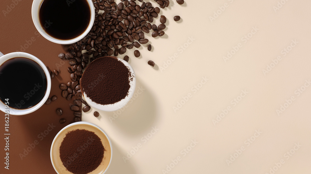 Obraz premium Flat lay of coffee cups, ground coffee, and roasted beans on a warm neutral background.