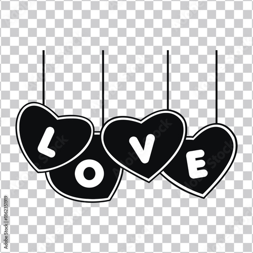 Decorative Black Hearts Spelling 'Love' on Strings, a Sweet Graphic Illustration for Valentine's Day Cards, Romantic Invitations, or Affectionate Holiday Event Decor and Special Occasion Messages