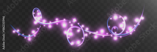 Purple neon glowing fairy light garland swirl isolated on transparent dark background