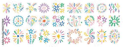 Crayon and scribble firework set of festive elements - doodle bright bursts, sparkling stars, swirls and glowing flashes. Hand drawn celebration designs for greeting cards, party and event.