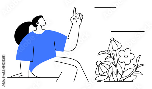 Nature, personal growth, mindfulness, creativity, inspiration, modern artwork. A person sitting and pointing upward with flowers nearby in a minimal line art style. Nature and personal growth concept