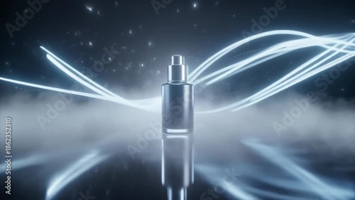 Premium Skincare Bottle Product Display Futuristic Blue Light Fog