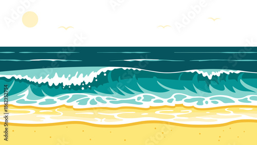 Vibrant Ocean Waves Crashing on Sandy Beach Illustration.