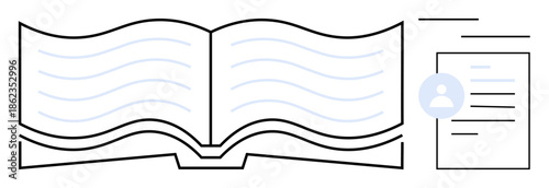 Education, personal data management, knowledge sharing, digital resources, documentation, user profile. Image of an open book alongside a document with a user icon. Education and personal data