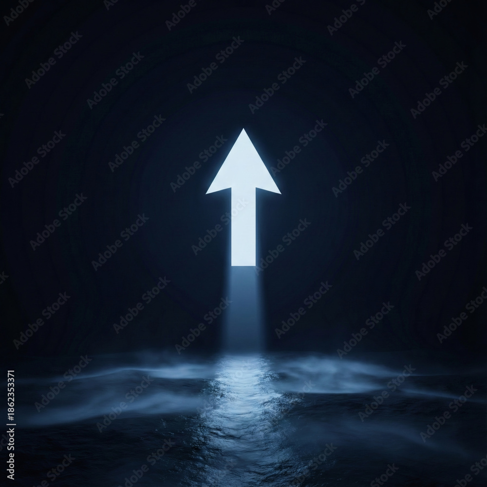 Fototapeta premium A bright white arrow pointing upwards illuminates a dark smoky background