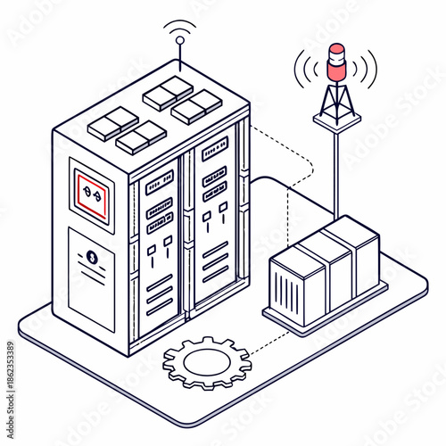Cloud Server Network Vector: Isometric Illustration of Data Center Rack with Wireless Signal Tower, Networking Hardware, Gear System and Technical Connectivity Icons