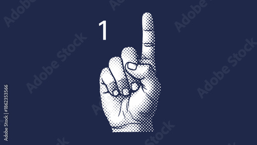 Vintage Hand Illustration Number One with Raised Index Finger.