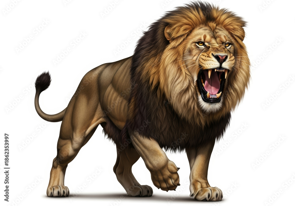 Obraz premium Fierce male lion roaring with open mouth isolated on white background