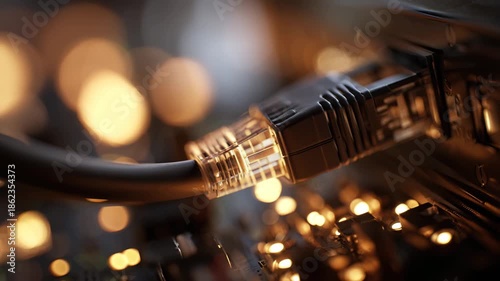 Ultra HD Closeup of an ethernet cable connected to a network port, glowing with warm bokeh lights in a data transfer concept video