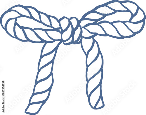 Hand-drawn rope bow with knot in nautical style. Simple blue outline illustration for marine, coastal, and beach graphic. Isolated decorative vector element.