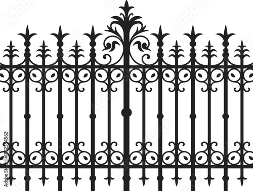 Ornate wrought iron fence silhouette vector illustration, decorative vintage metal railing with floral scrollwork, classic architectural exterior design isolated on white background