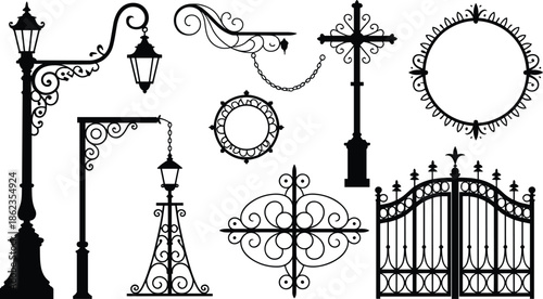 Vintage ornamental street lamp and wrought iron gate silhouettes vector set, decorative scroll elements and classic architectural metal designs isolated on white background