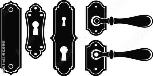 Vintage Ornate Door Handle And Keyhole Plate Silhouette Vector Illustration Set, Classic Antique Hardware Elements Isolated On White Background For Design