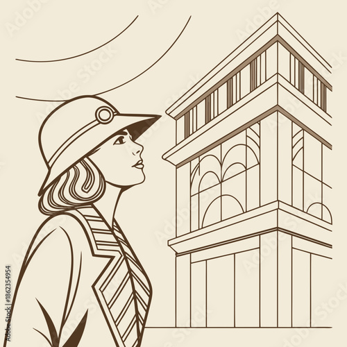 Vintage woman looks up at classic building architecture