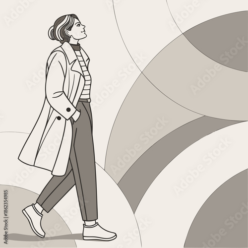 Stylish woman walking in modern outfit with confidence