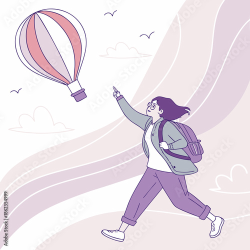 Young woman chasing dreams with hot air balloon