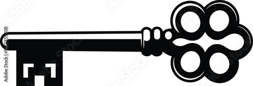 Vintage ornate skeleton key, decorative bow design, antique lock symbol, symmetrical silhouette, classic vector illustration, historical concept, elegant craftsmanship,