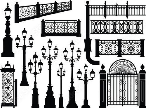 Vintage street lamp posts and wrought iron gate silhouettes vector set, decorative fence and railing elements, classic urban architectural metal designs isolated
