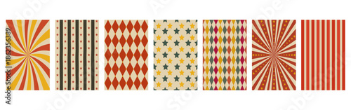 Retro circus patterns set: sunburst, vertical stripes, stars, and harlequin diamonds in vintage colors.