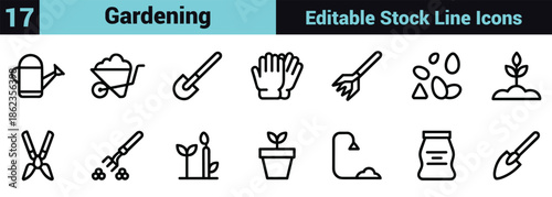Black line icon set depicting gardening tools, plant care, sustainability, and growth in a minimal instructional style