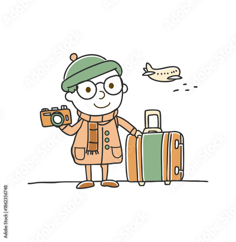 Cute hand drawn cartoon traveler with suitcase and camera