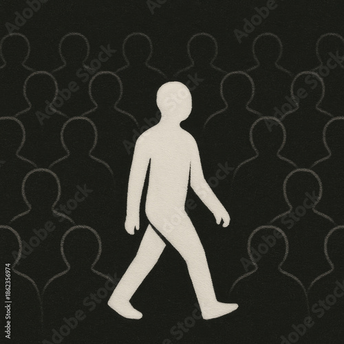 One person stands out from the crowd, individuality and difference.