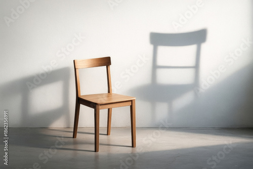 An empty wooden chair and its shadow, loneliness and absence.