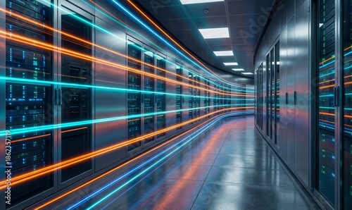 Futuristic neon data center bandwidth streaks in curved server hallway