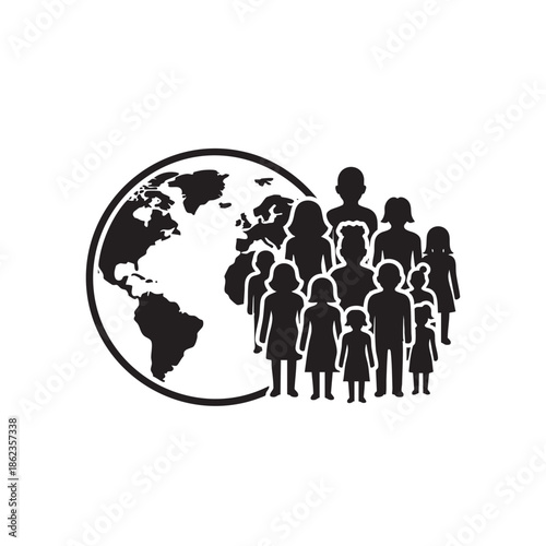Diverse group of people standing together with globe illustration