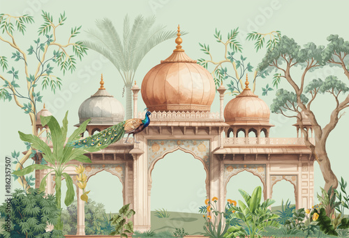 Mughal garden peacocks and tropical plants  botanical landscape illustration. Vintage Indian Mughal architecture with botanical garden composition.