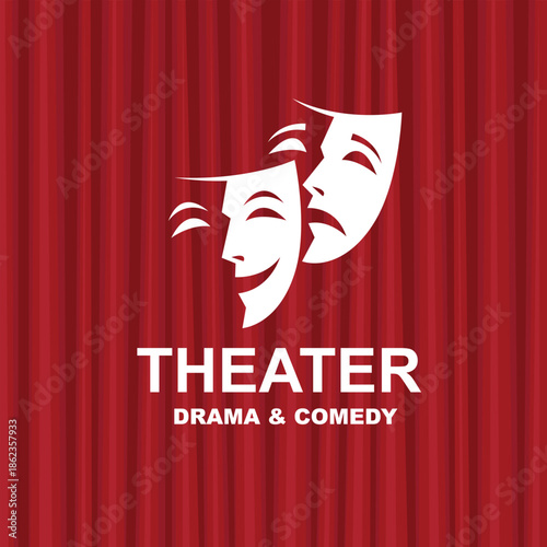 icon of comedy and tragedy theatrical masks with red curtains