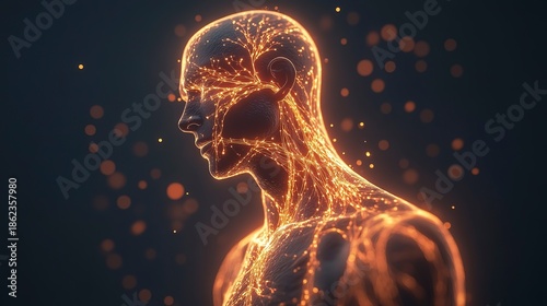 Human body with glowing neural pathways displaying connections and energy at a close distance