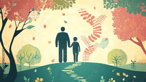 Father and child walk together through a colorful park with trees and plants during a bright afternoon