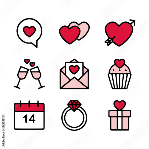 Valentine's Day love and romance icon set with hearts, ring, and gift
