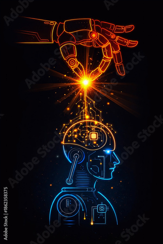 Neon illustration of artificial intelligence: a robotic hand transfers a stream of data and energy to a digital mind. A symbol of cybernetics, progress, and the connection between humans and machines.
