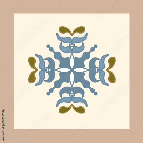 Symmetrical Floral Ornament Panel in Blue and Cream Tones