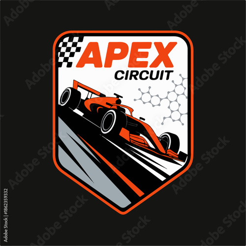 Apex Circuit formula racing shield in orange with checkered flag and steep line, aggressive motorsport logo vector for posters, leagues and merchandise